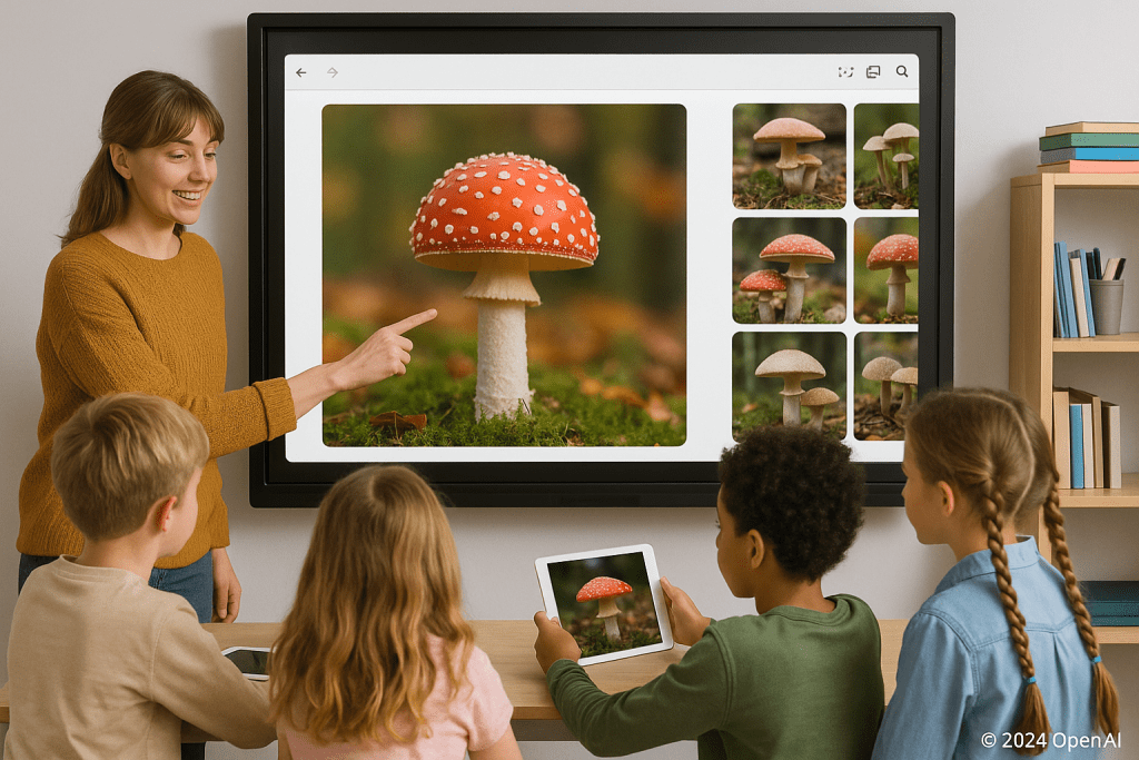 Digibord Paddenstoelen- Open AI Met kleuters zoeken op afbeeldingen op het digibord